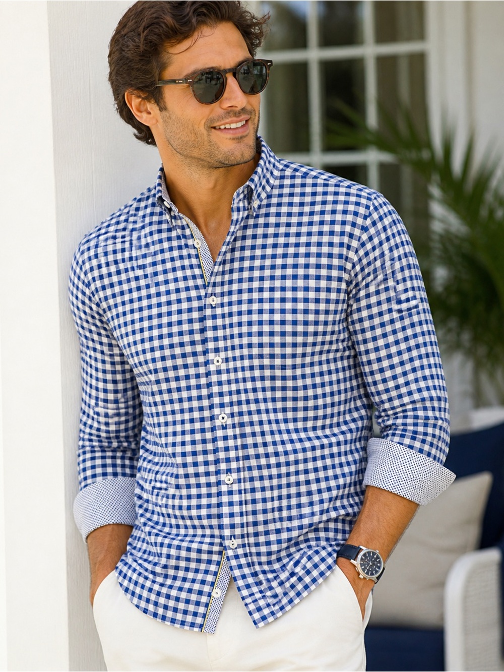 Bugatchi Blue Gingham Button Down Shirt Large Shaped Fit Coastal Preppy Luxury